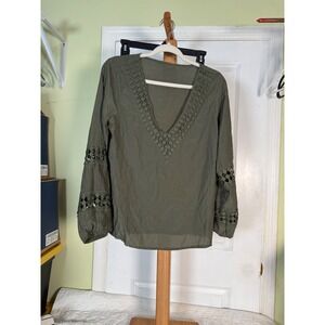 Army Green Crochet V-Neck Balloon Sleeve Boho Blouse Top Small RP0152